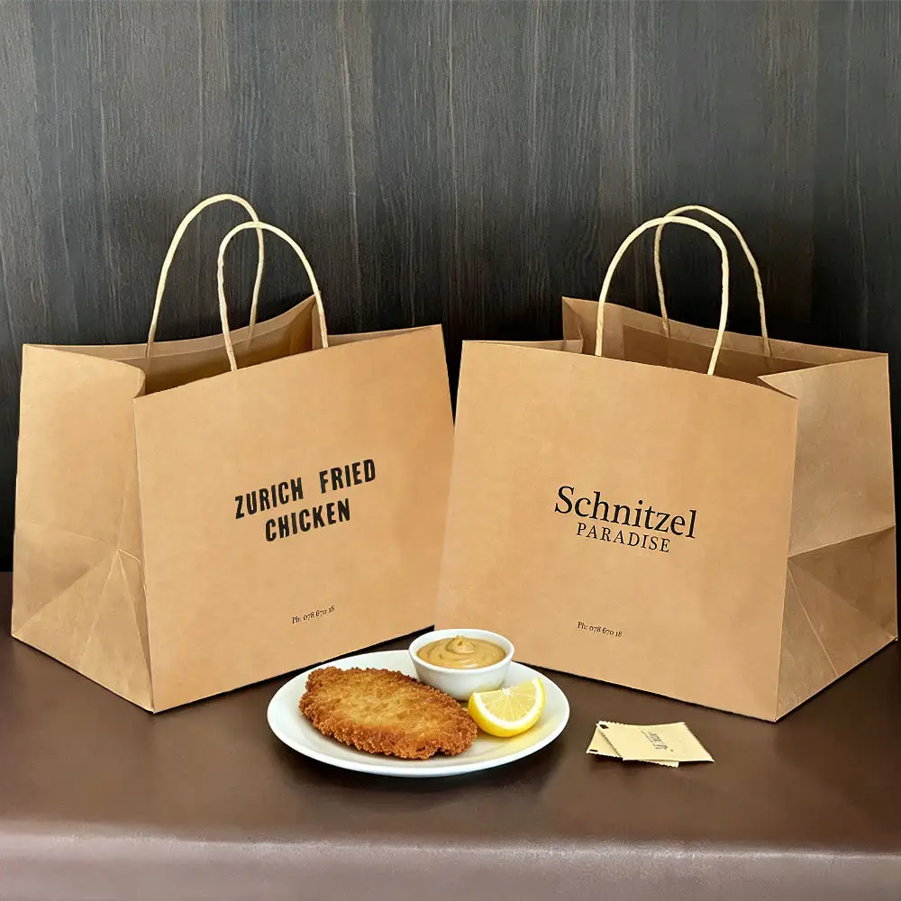 Custom printed brown kraft takeaway bags with twisted handles for fried chicken and schnitzel