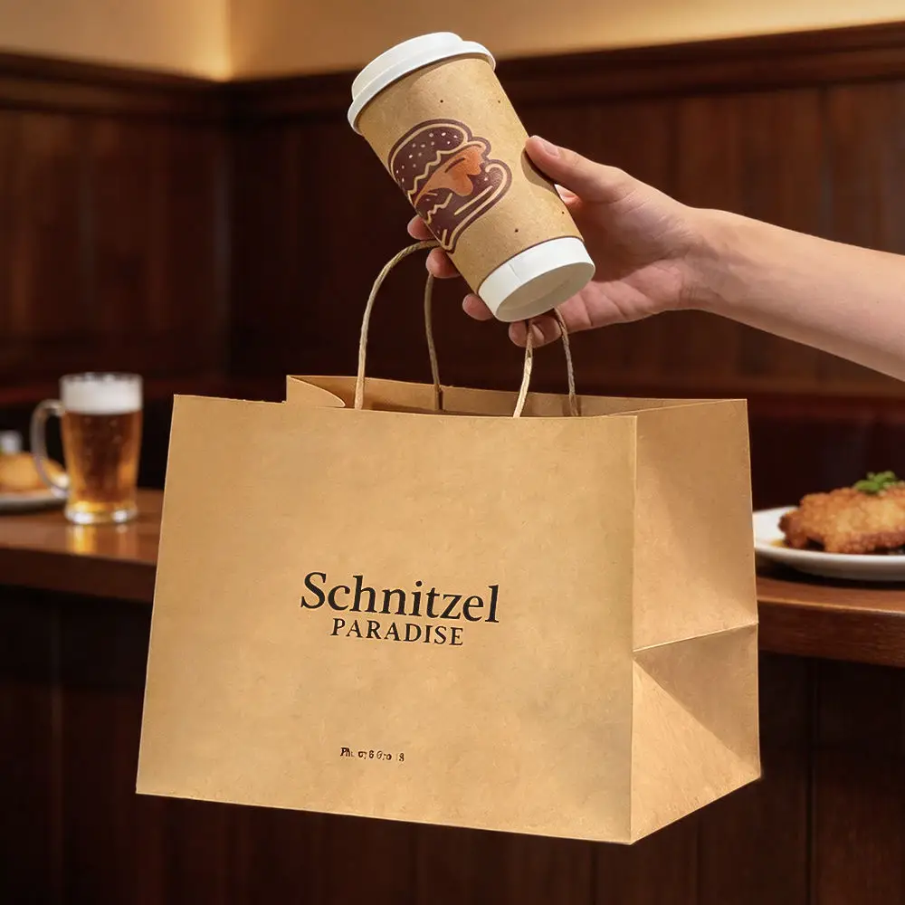 Greaseproof Fried Food Bags - Hand carrying brown kraft paper bag with coffee cup, twisted handle, restaurant logo