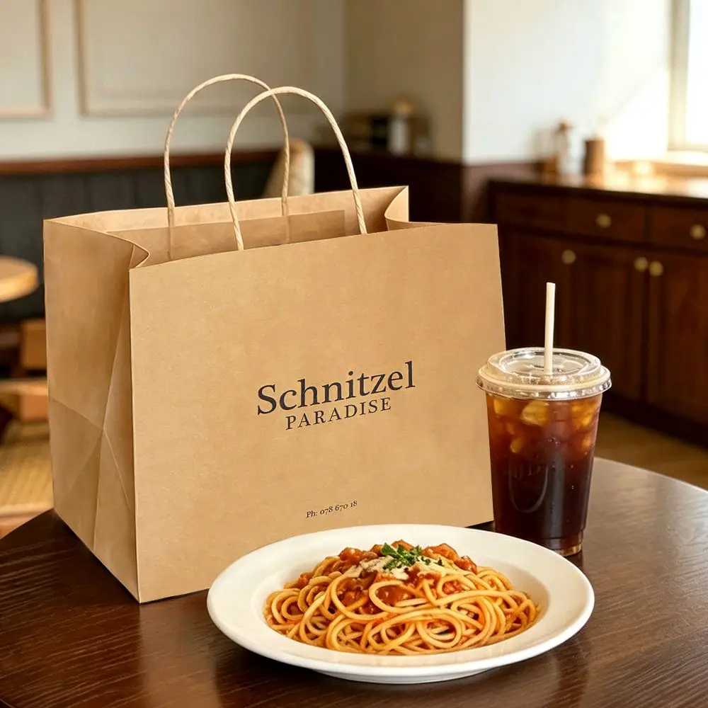 Greaseproof Fried Food Bags - Brown kraft takeaway bag with pasta and iced coffee, twisted handle
