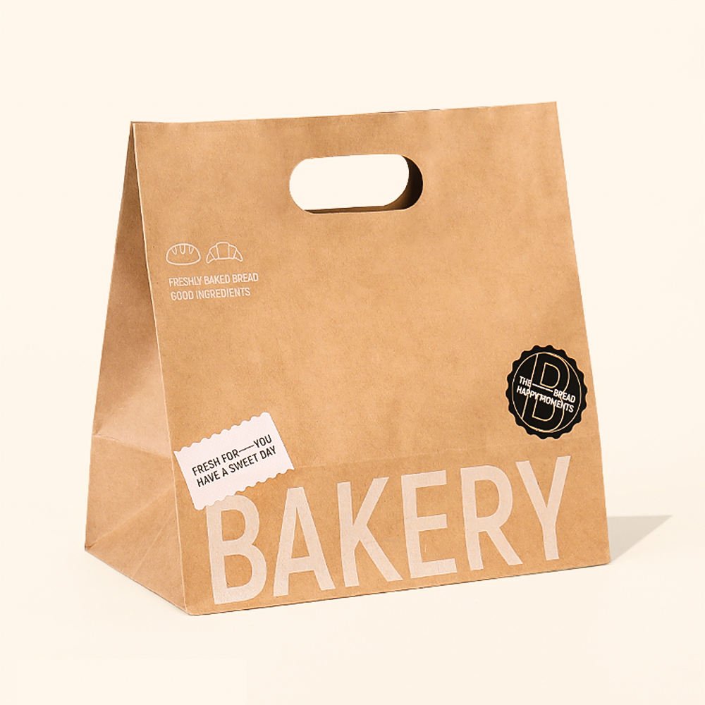 Bakery kraft paper bags with die-cut handle and self-adhesive seal