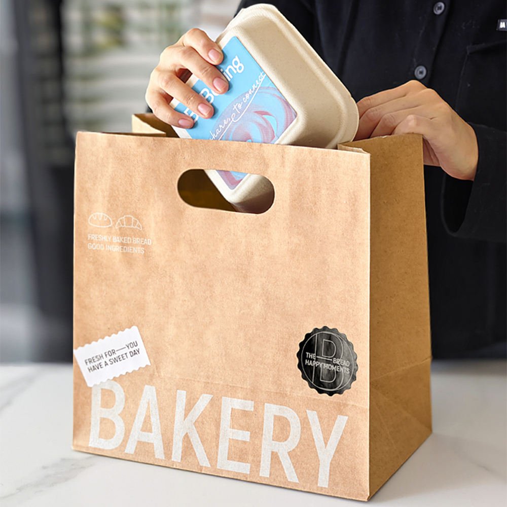 Bakery & Cake Packaging - Putting food container into bakery kraft paper bag