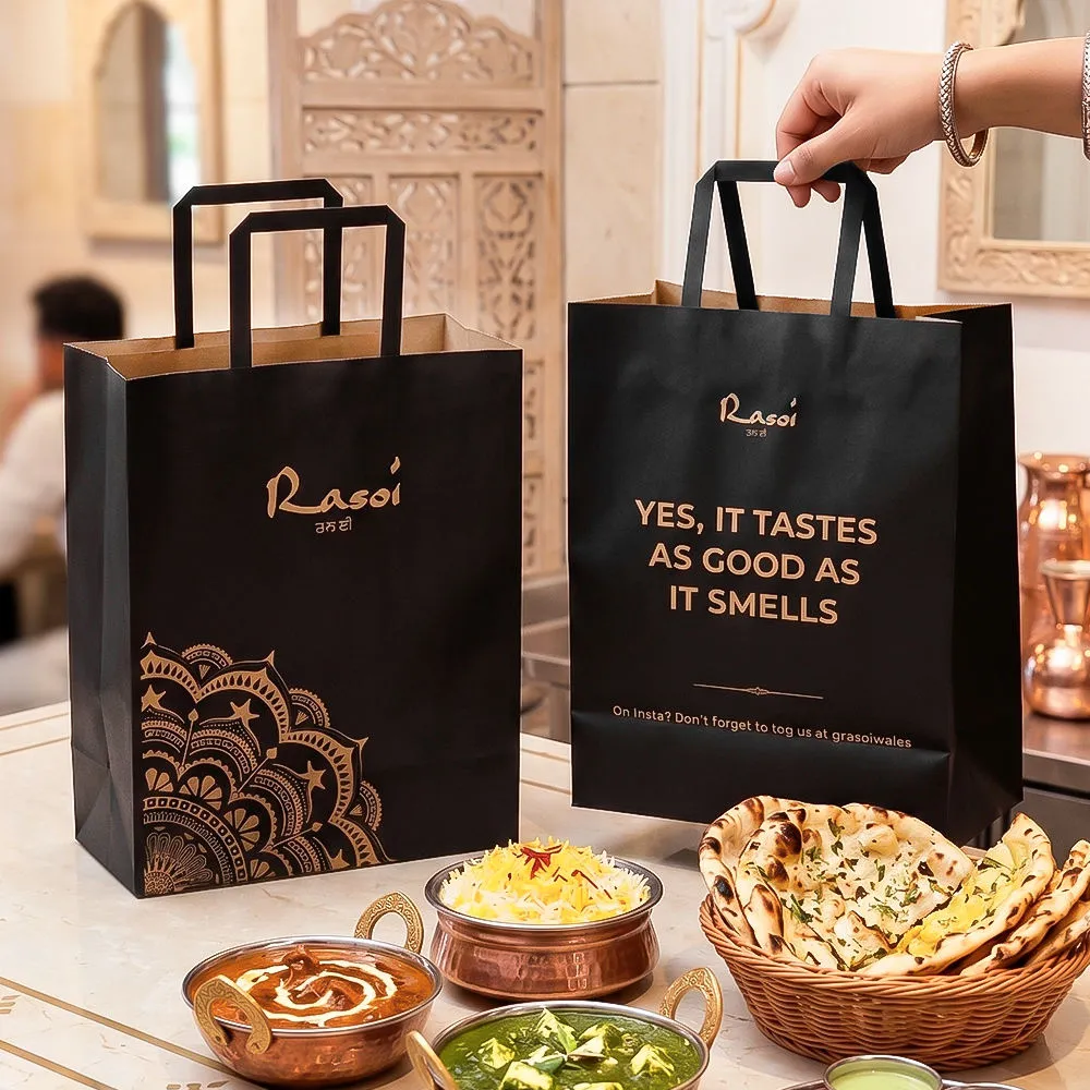 Sustainable Fashion Recycled Bags - Black white and kraft paper bags with custom logo printing