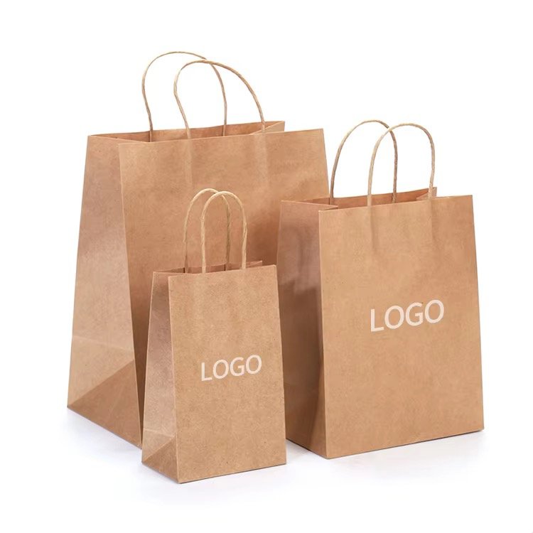 Kraft paper bags with twisted paper rope handles in multiple sizes