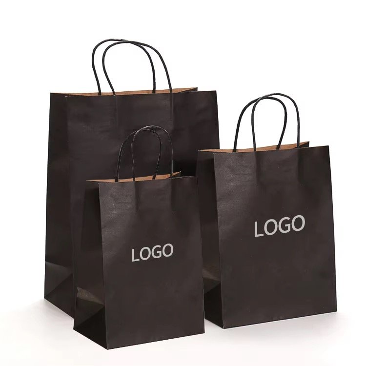 Grocery & Retail Shopping Bags - Black kraft paper bags in three sizes with paper rope handles