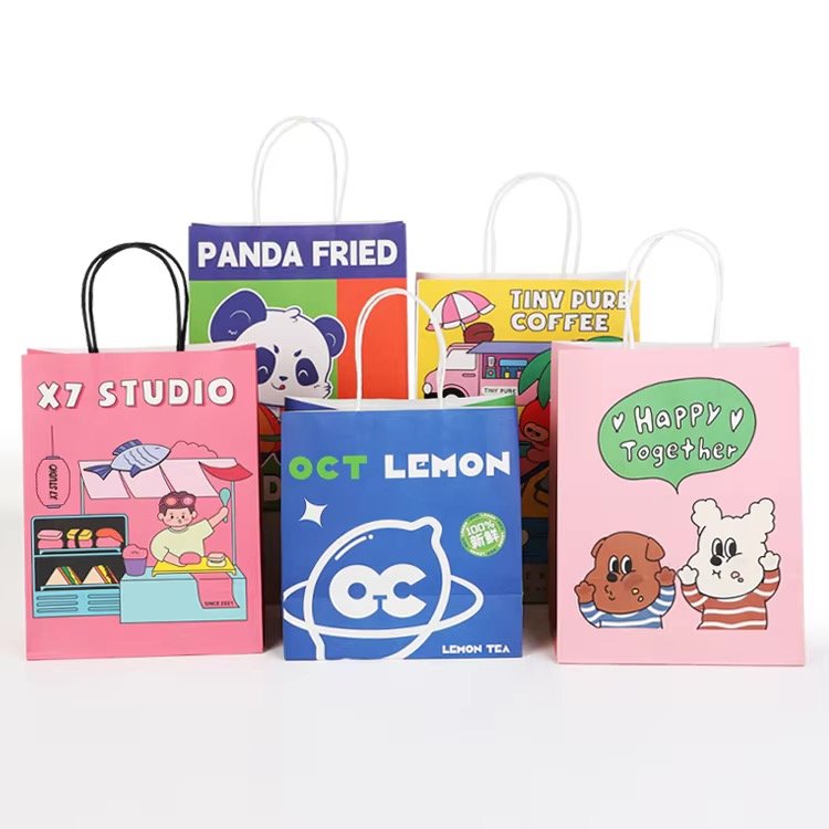 Grocery & Retail Shopping Bags - Custom printed kraft paper bags with fun designs for food and beverage brands