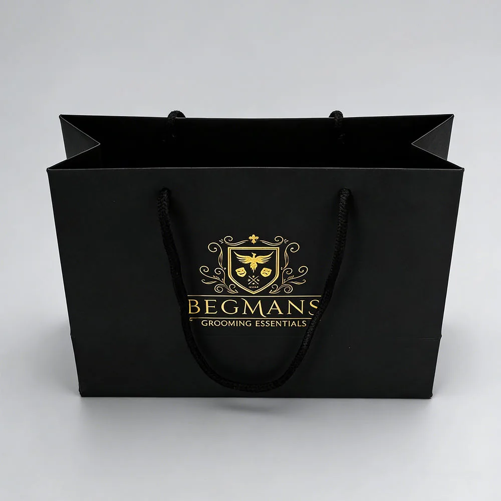 Luxury Boutique Hot Foil Bags - Black luxury shopping bag with gold hot stamping, top view