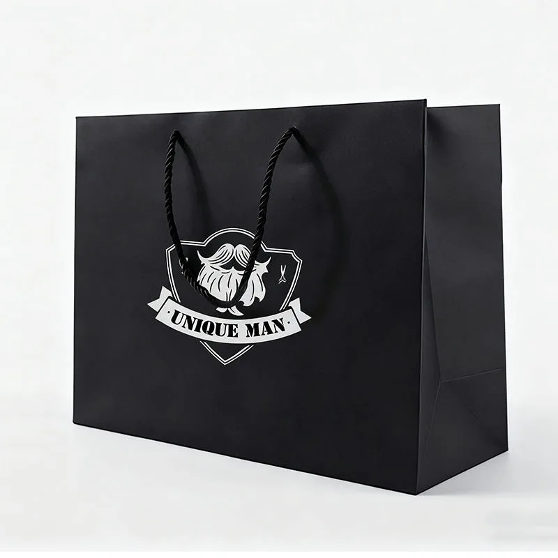 Luxury Boutique Hot Foil Bags - Black paper bag with white logo printing and cotton rope handle