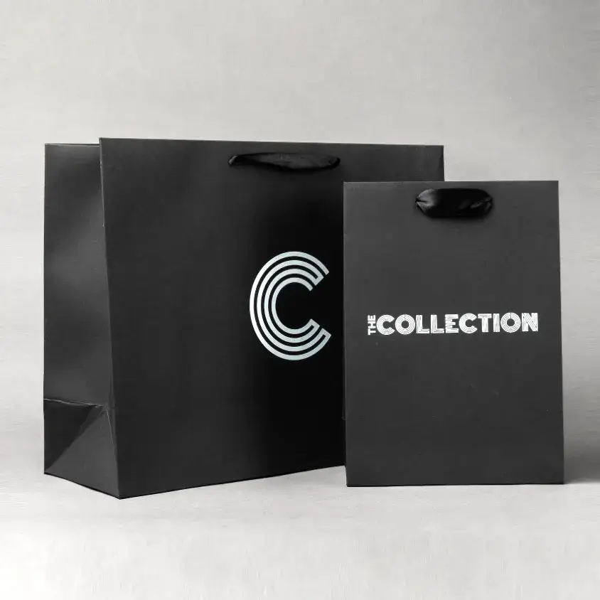 Luxury Mall Shopping Bags - Black luxury shopping bags with ribbon handles, custom brand logo