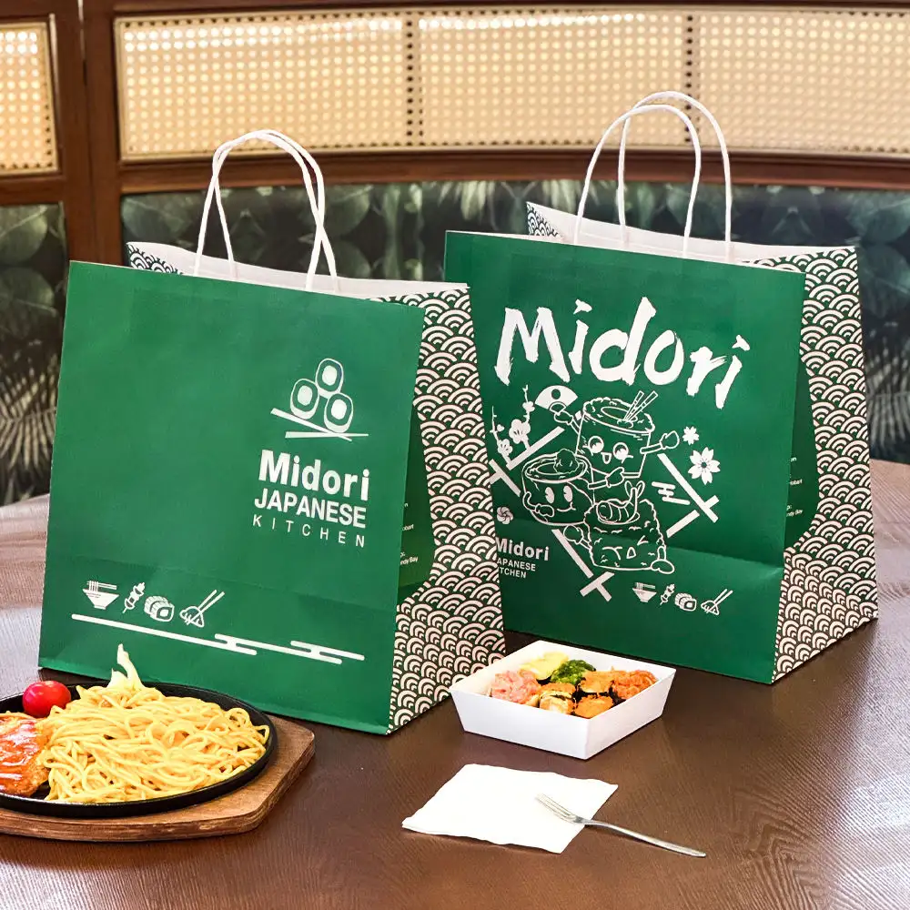 Custom printed takeaway kraft paper bags with twisted handles for restaurant delivery
