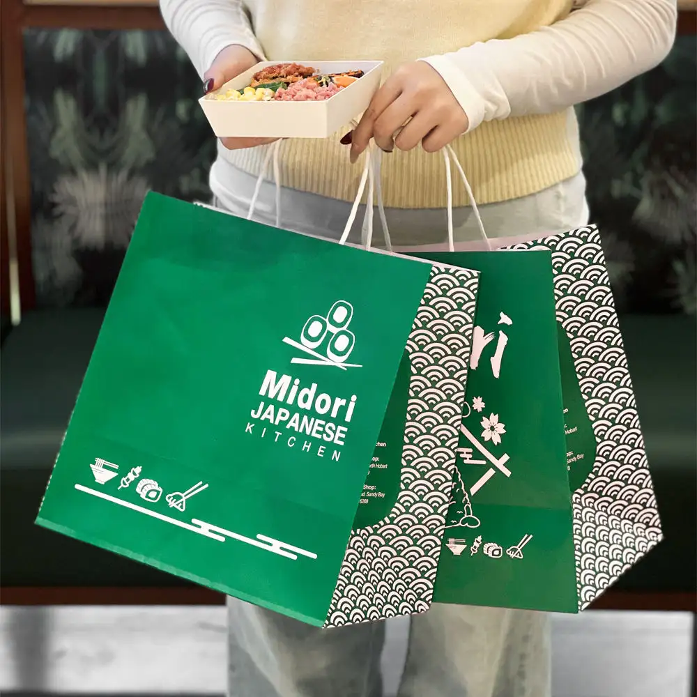 Sushi & Bento Catering Bags - Two takeaway kraft paper bags with custom logo printing