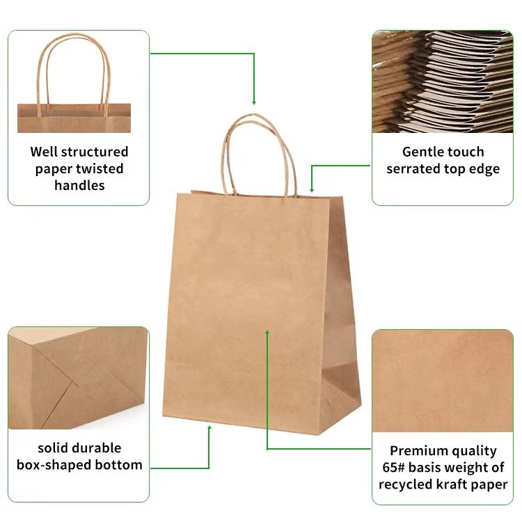 Wholesale Blank Stock Bags - Kraft paper bag detail with twisted handles, serrated top edge and box-shaped bottom