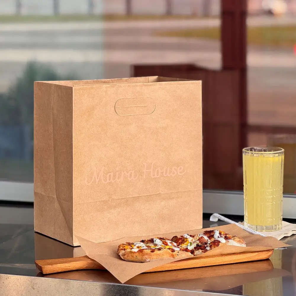 Restaurant Fast Food Delivery Bags - Brown kraft paper bag with pizza and orange juice, die-cut handle