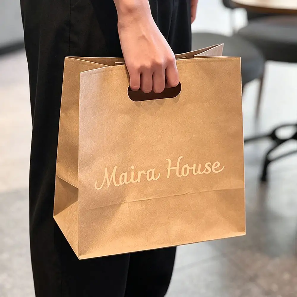 Restaurant Fast Food Delivery Bags - Hand carrying brown kraft paper bag with die-cut handle, custom logo